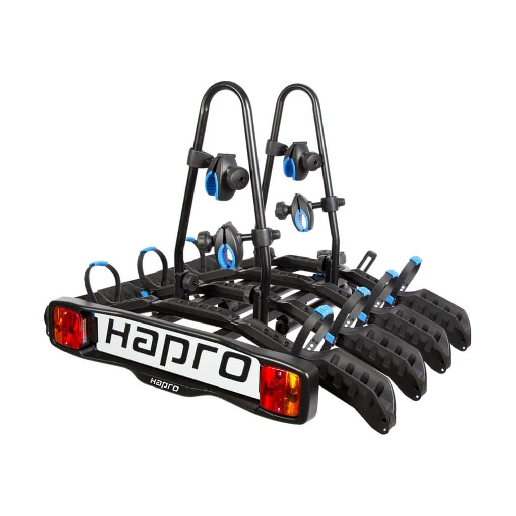 Hapro Atlas Active IV 4F fietsendrager voor trekhaak, kantelbaar, zwart en blauw, geschikt voor 4 fietsen.