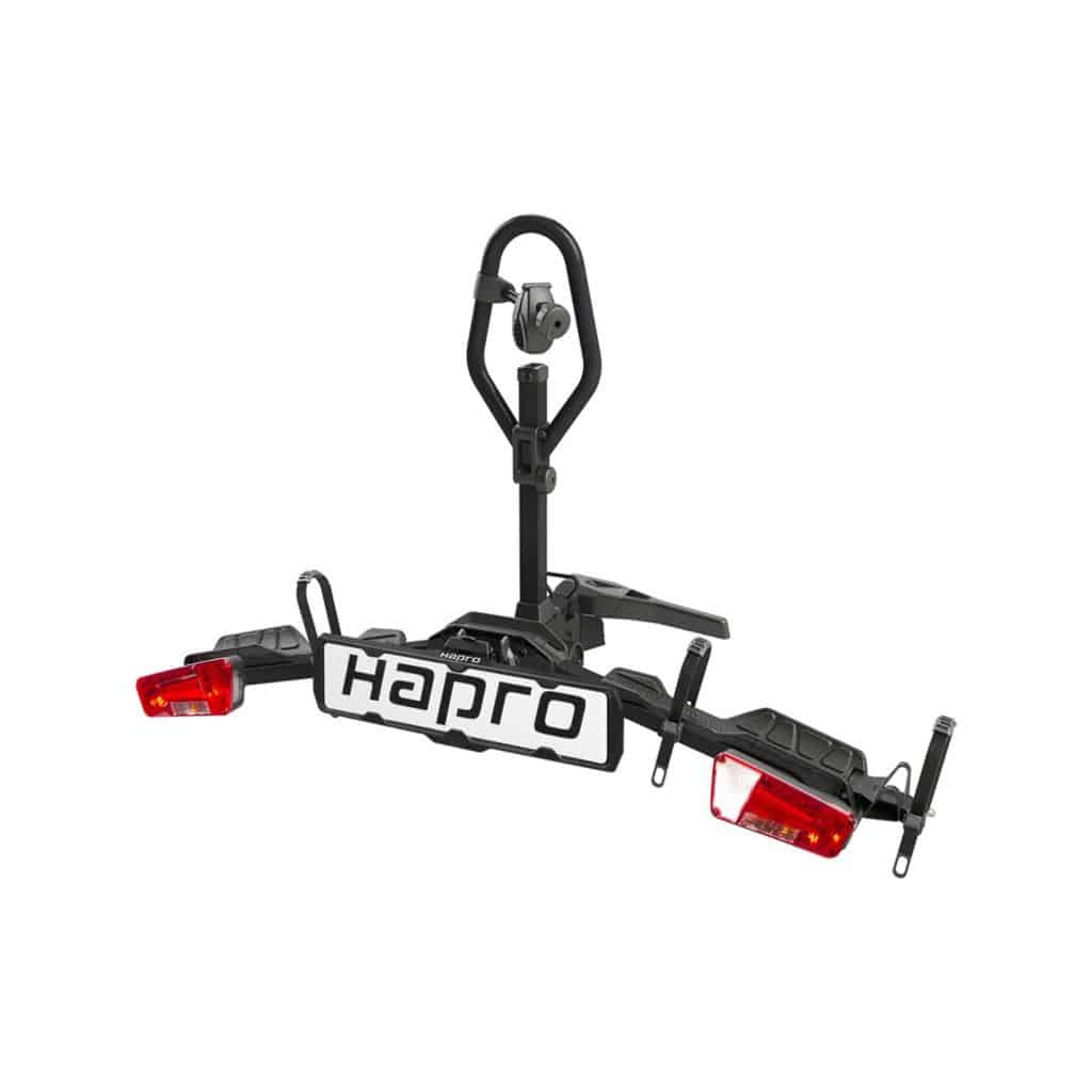 Zwarte Hapro Atlas Xfold I fietsendrager voor trekhaak, kantelbaar, 13-polig, geschikt voor fietsen.