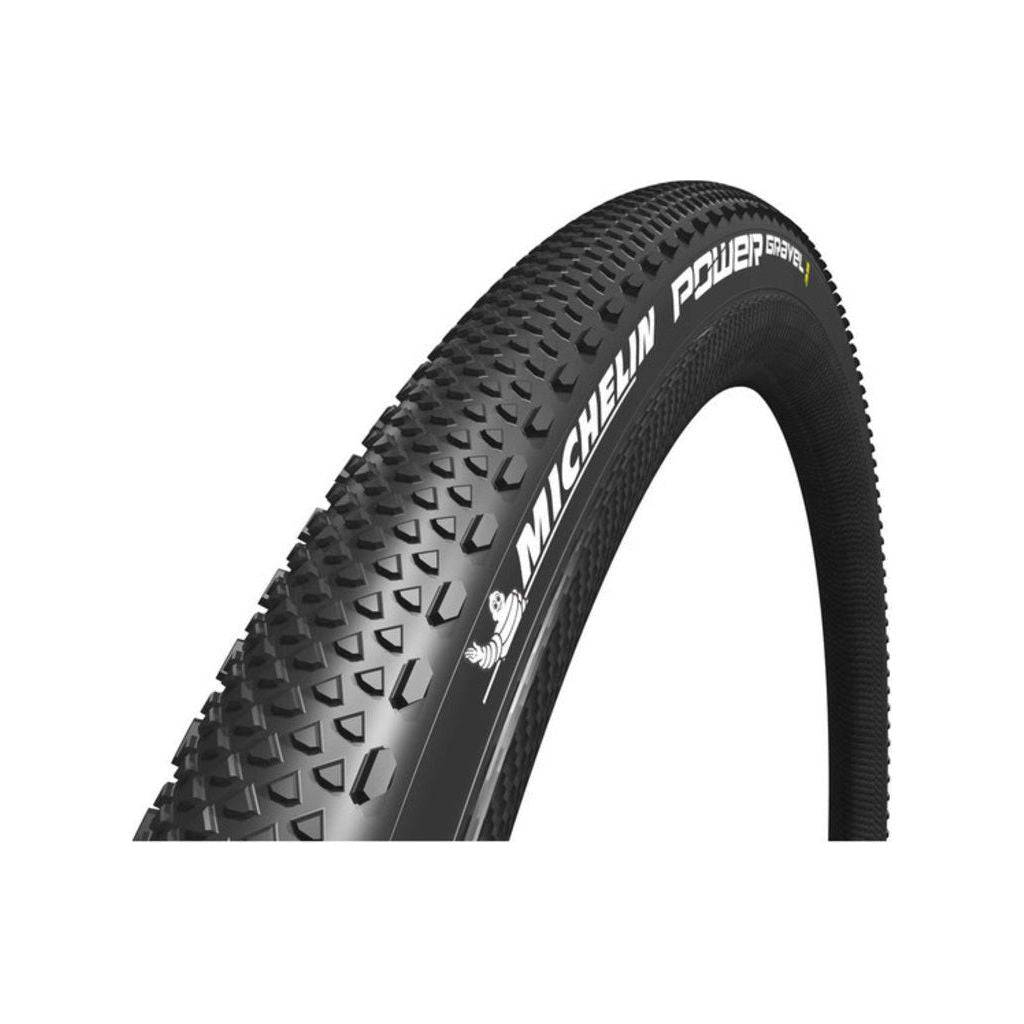 Michelin 28-inch Power Gravel V2Tlr vouwband in zwart, close-up van het profiel en de textuur van de gravelbike buitenband
