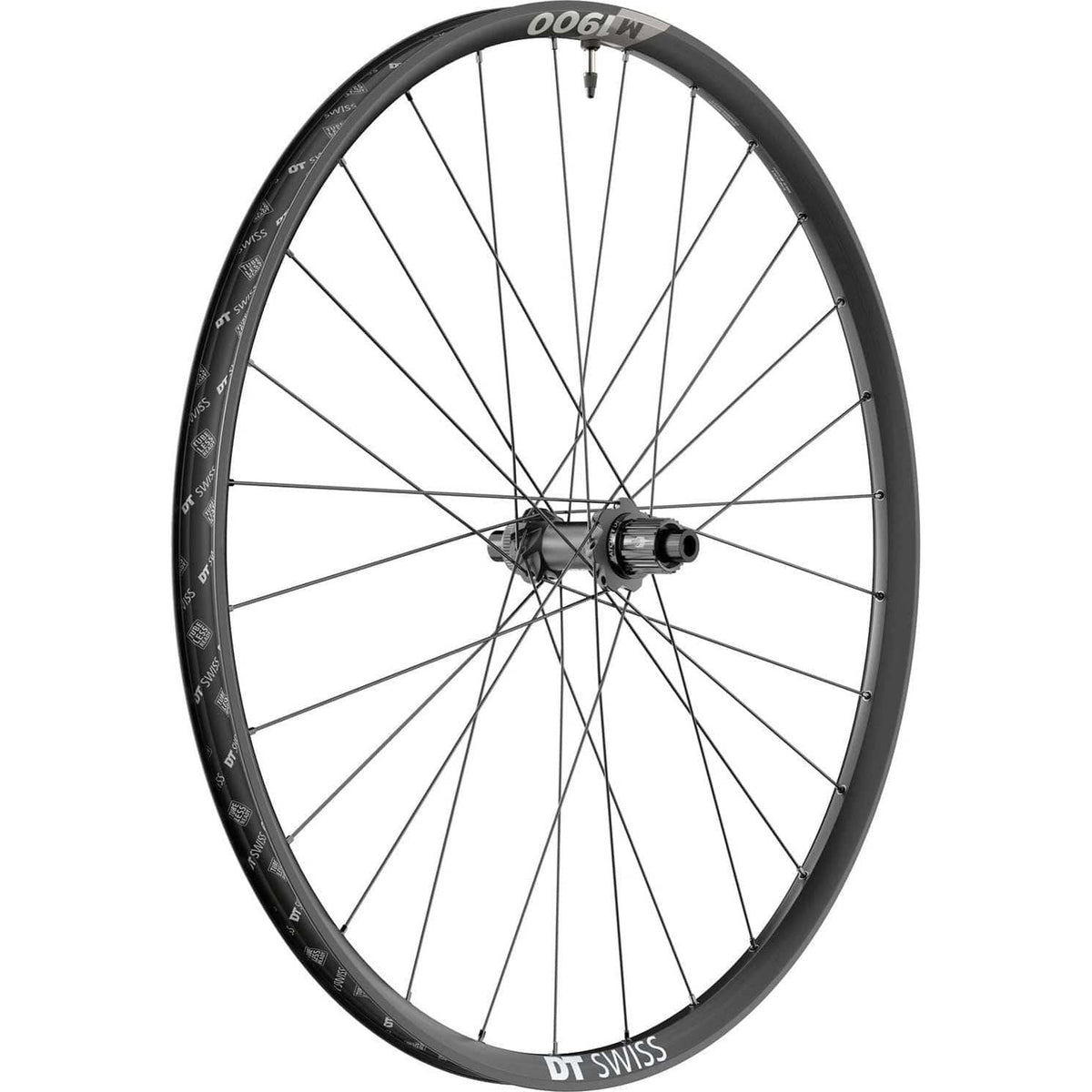 Zwart MTB achterwiel 27.5" DT Swiss M1900 Spline 30 SH 12V Boost Disc CL aluminium met snelspanner