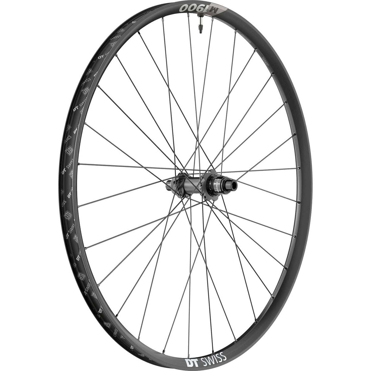 Achterwiel MTB DT Swiss M1900 Spline 30 XD 11/12V Boost Disc CL aluminium zwart, met zwart wiel en disc rem.