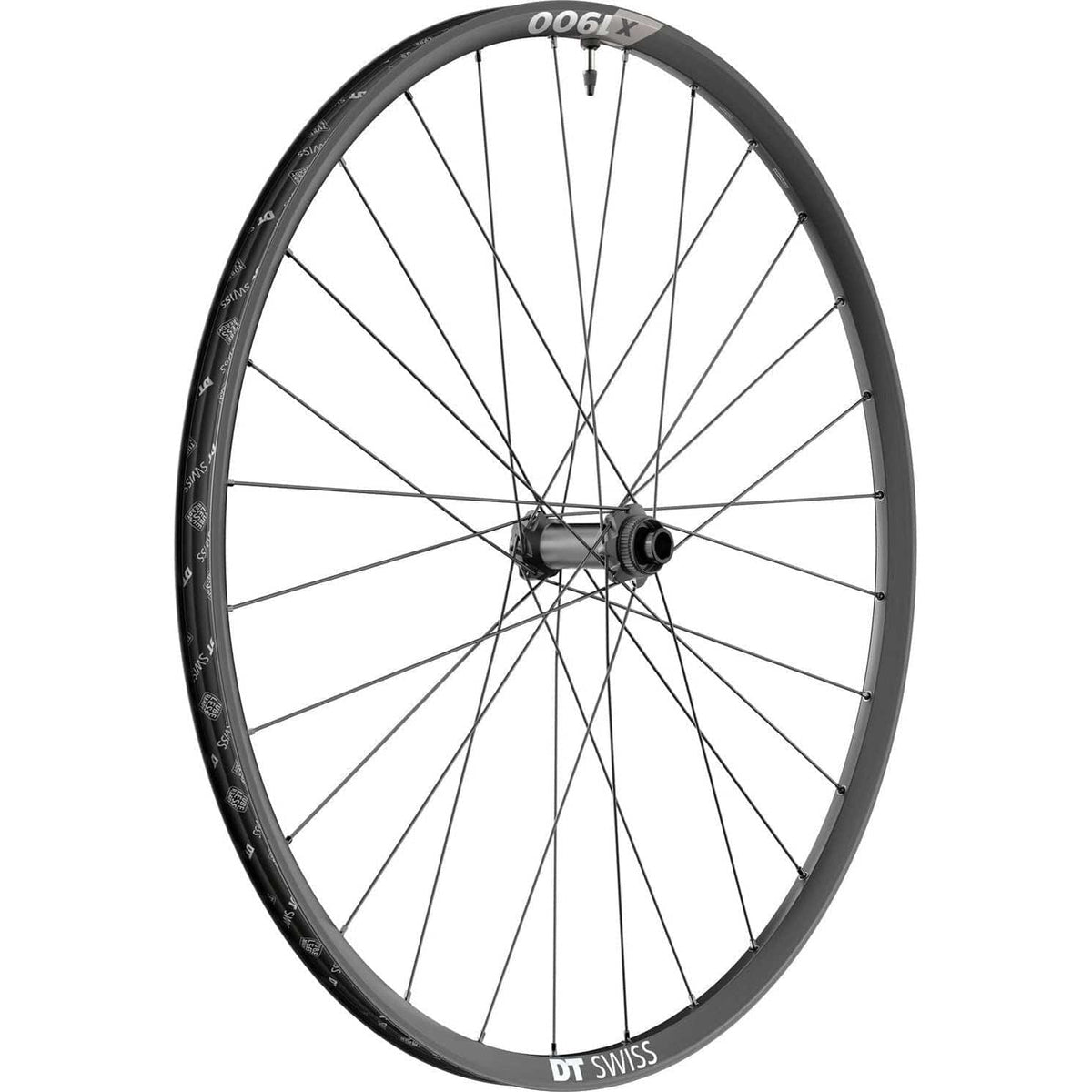 Zwart voorwiel 29" DT Swiss X1900 Spline 25 Boost Disc Zilverkleurige aluminium gravel wiel, zichtbaar met disc rem en stevige constructie