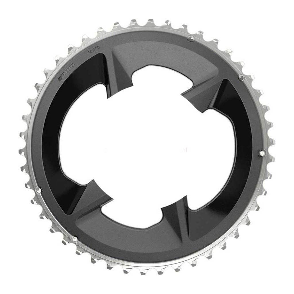 Zwart kettingblad Sram Rival 12-speed, 107 mm steek, geschikt voor racefietsen, zichtbaar met tandwielen en ketting.