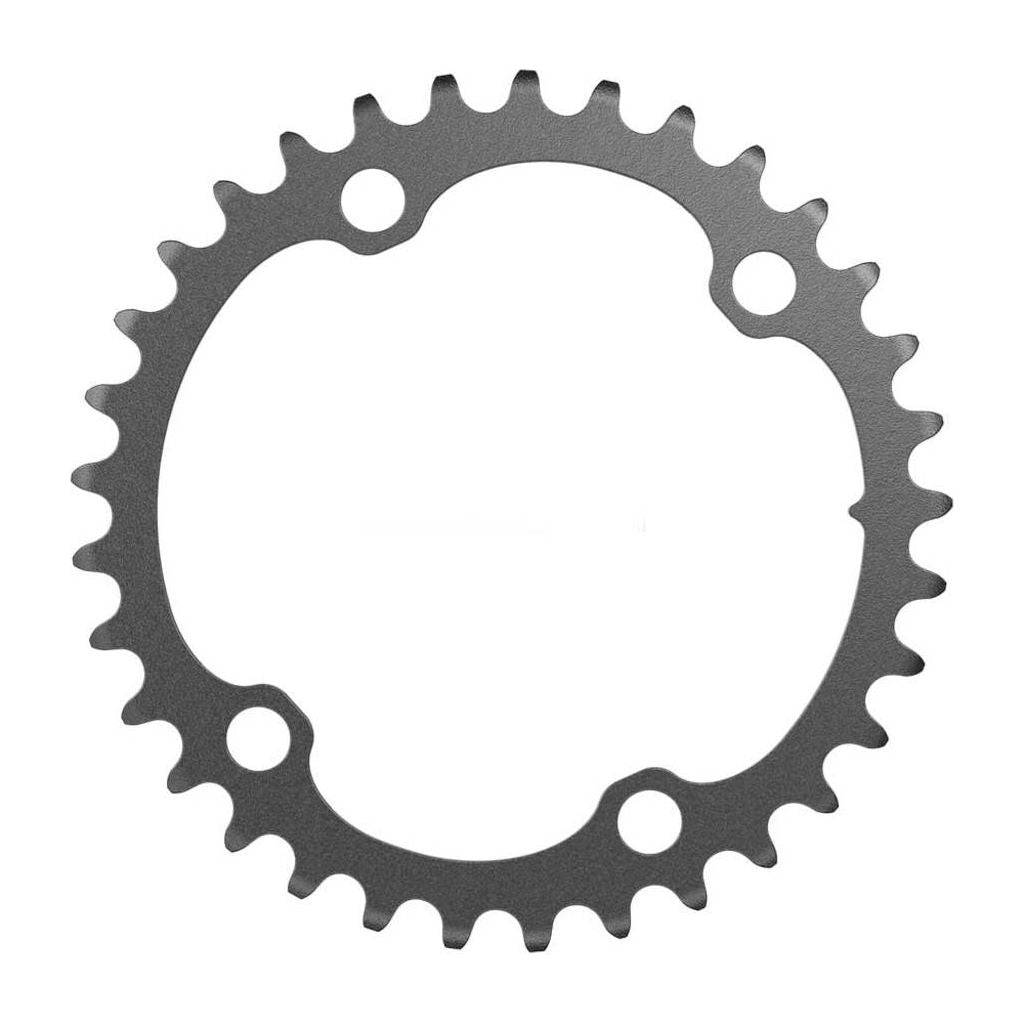 Zwart Sram kettingblad voor 12-speed fietsen, 107 mm steek, zichtbaar met tandwielen en montagegaten op de afbeelding