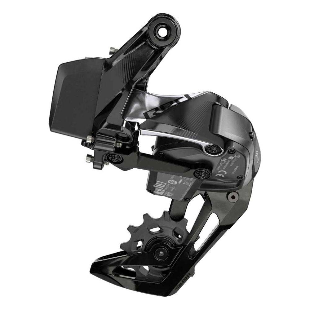 Sram Red Etap AXS D1 Xplr achterderailleur voor racefiets, zwart met merklogo en mechanische onderdelen.