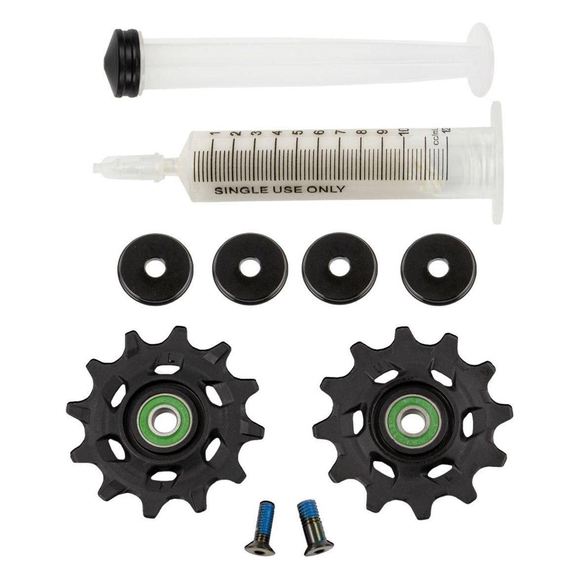 Sram Derailleurwieltjes Red Xplr Axs Ceramic 12V, close-up van de lichte, keramische derailleurwieltjes voor gravelbike.