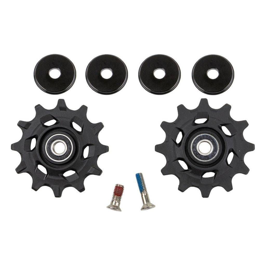 Sram Rival Axs 12V derailleurwieltjes met glijdende rollers en metalen behuizing voor precisie en soepel schakelen.