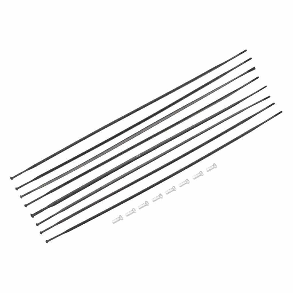 Zwart set van DT Swiss Spaakkit GRC1400 Spline 30 28 V+A spaken voor lichte, duurzame fietsvelgen.