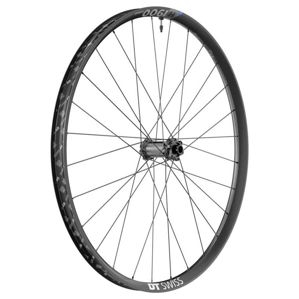 Zwart 29" DT Swiss H1900 Spline 35 Boost MTB voorwiel met disc en aluminium velg, geschikt voor mountainbiken.