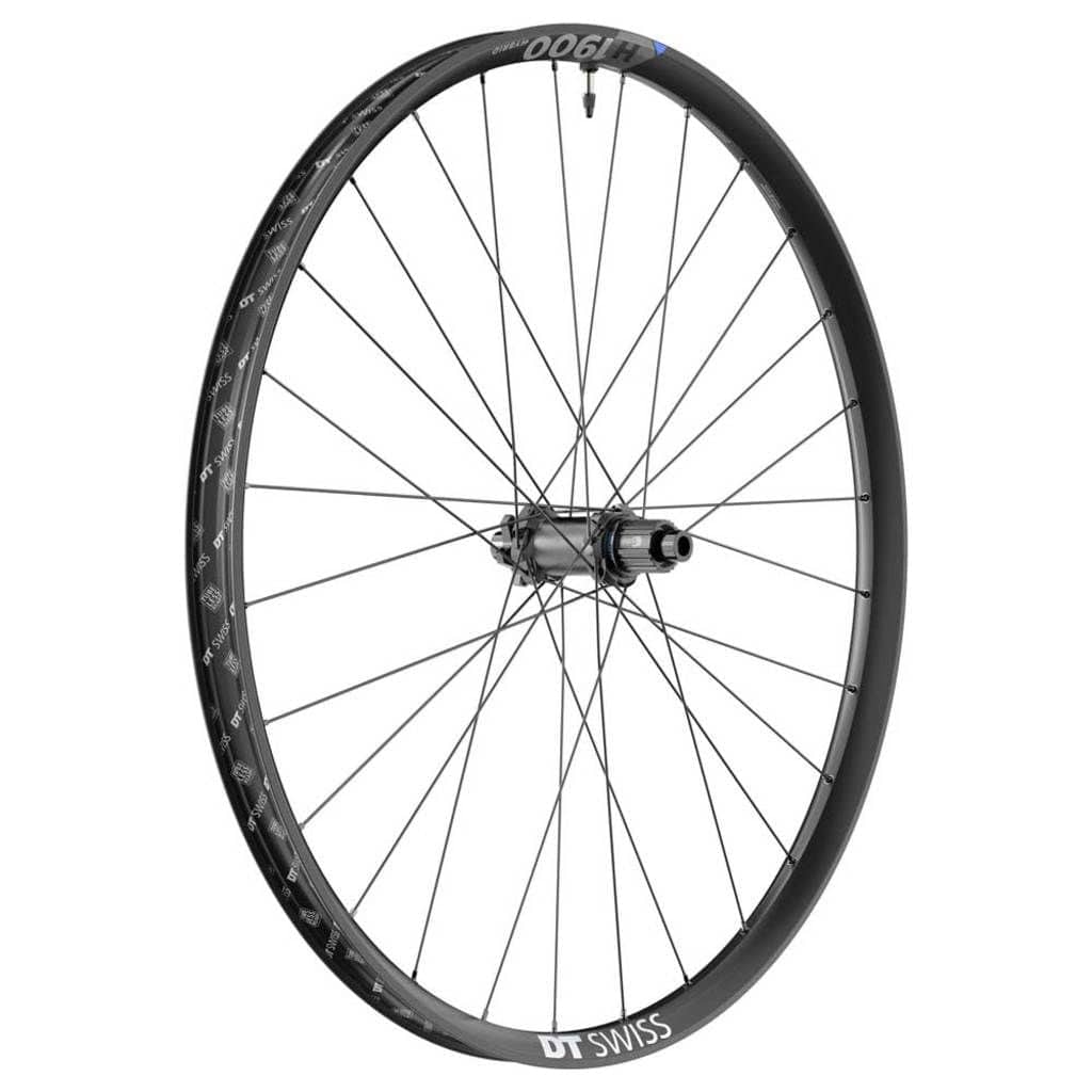 Zwart achterwiel voor MTB, 29 inch DT Swiss H1900 Spline 35 SH 12V Boost Disc IS Aluminium, zichtbaar met schijfrem.