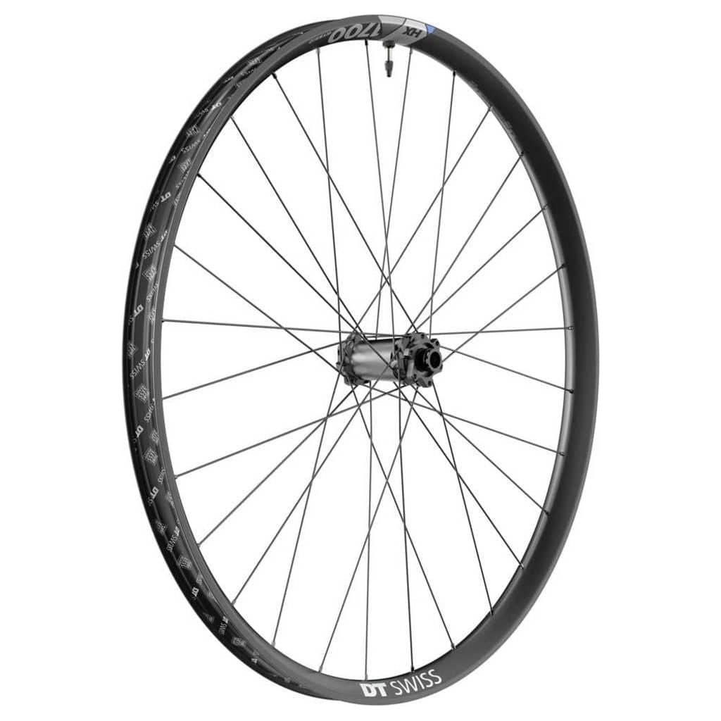 Zwart voorwiel 29-inch DT Swiss HX1700 Spline 35 Boost disc aluminium MTB wiel, zicht op het wiel met discrem en naaf