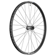 Zwart voorwiel 29-inch DT Swiss HX1700 Spline 35 Boost disc aluminium MTB wiel, zicht op het wiel met discrem en naaf
