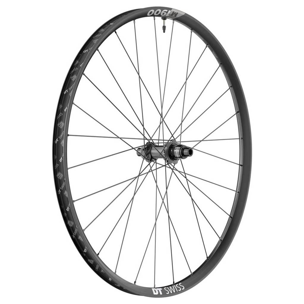 Zwart MTB achterwiel 27,5" DT Swiss M1900 Spline 30 XD 11/12V Disc CL aluminium op een fiets.