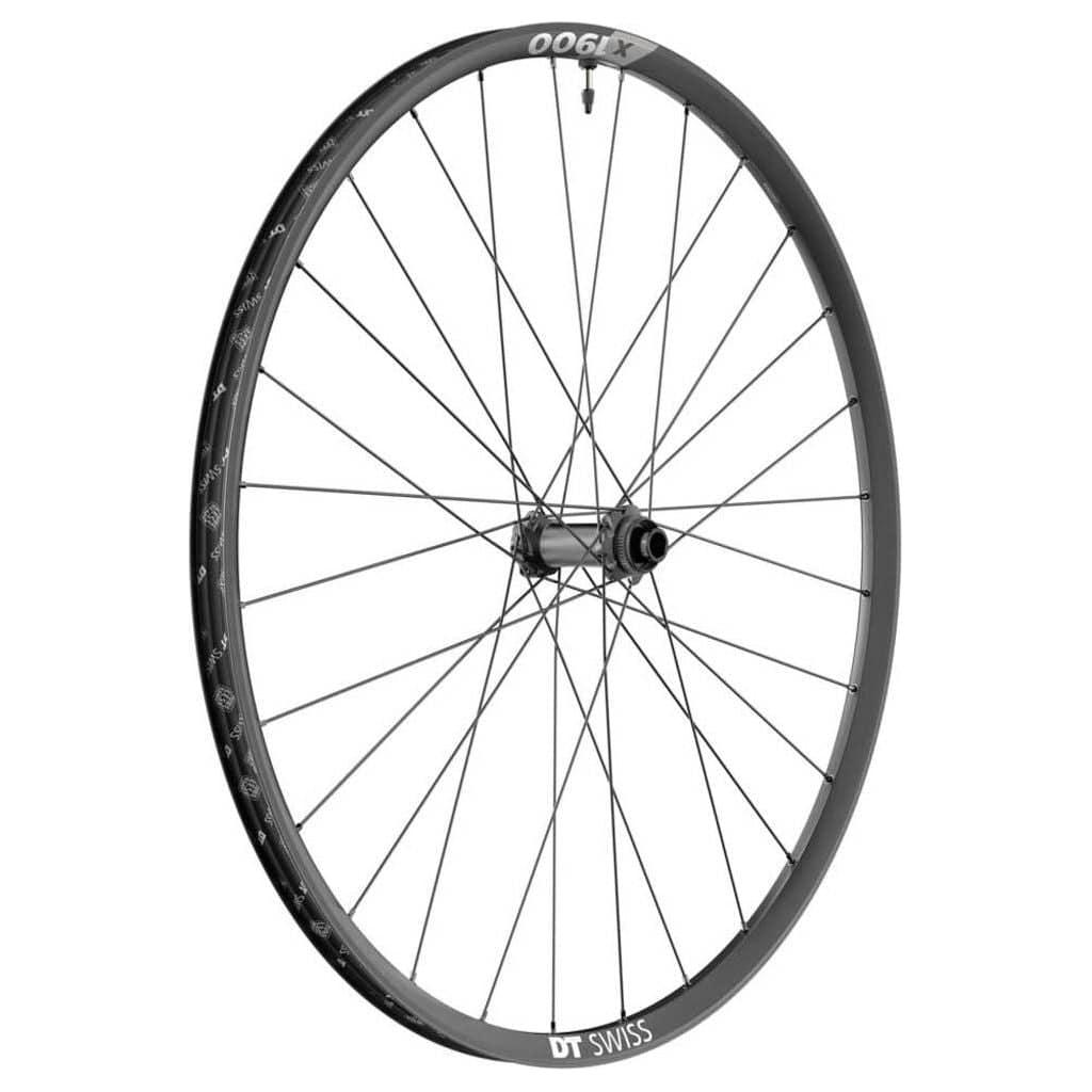 Zwart 29-inch DT Swiss X1900 Spline 25 MTB voorwiel met discklauw en aluminium velg, geschikt voor mountainbikes