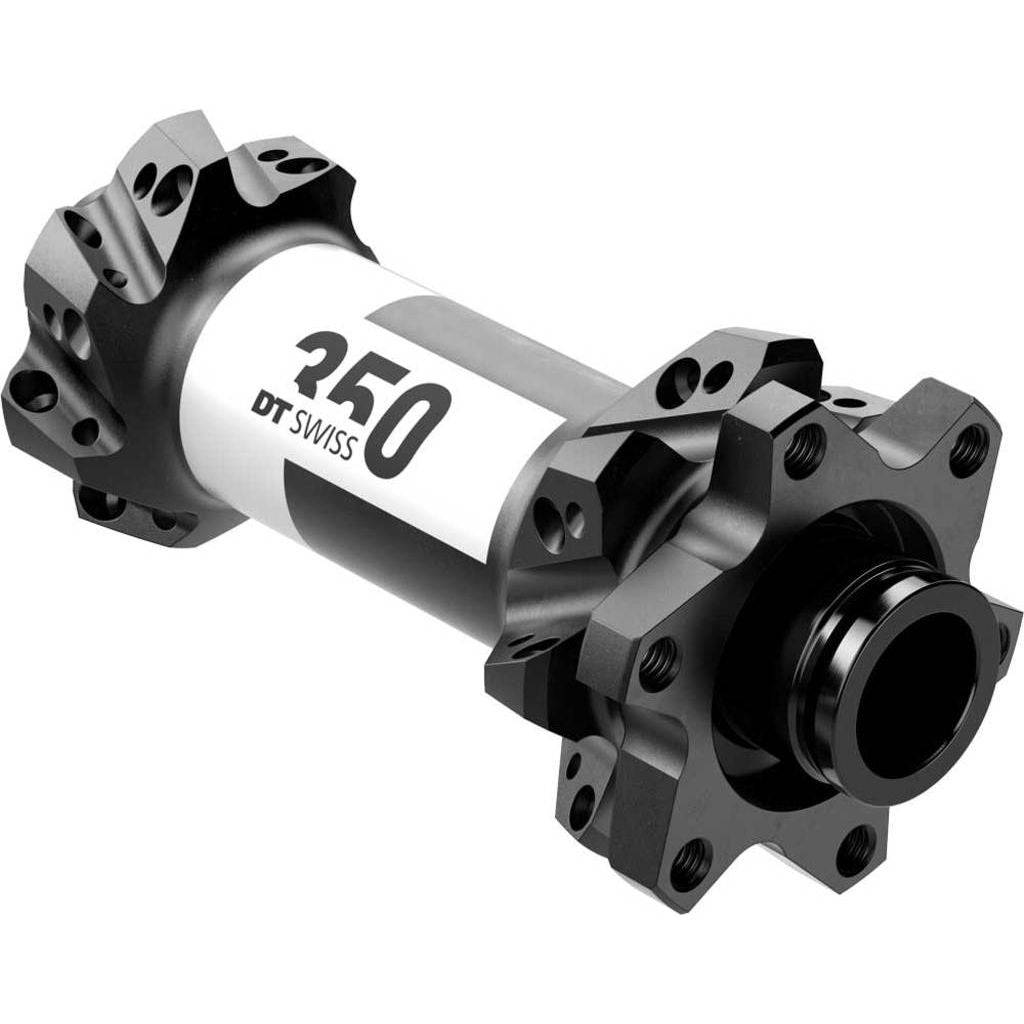 Zwarte DT Swiss 350 Straightpull voornaaf met disc IS, aluminium, 28G, 100/15mm, geschikt voor ATB fietsen, zichtbare afwerking