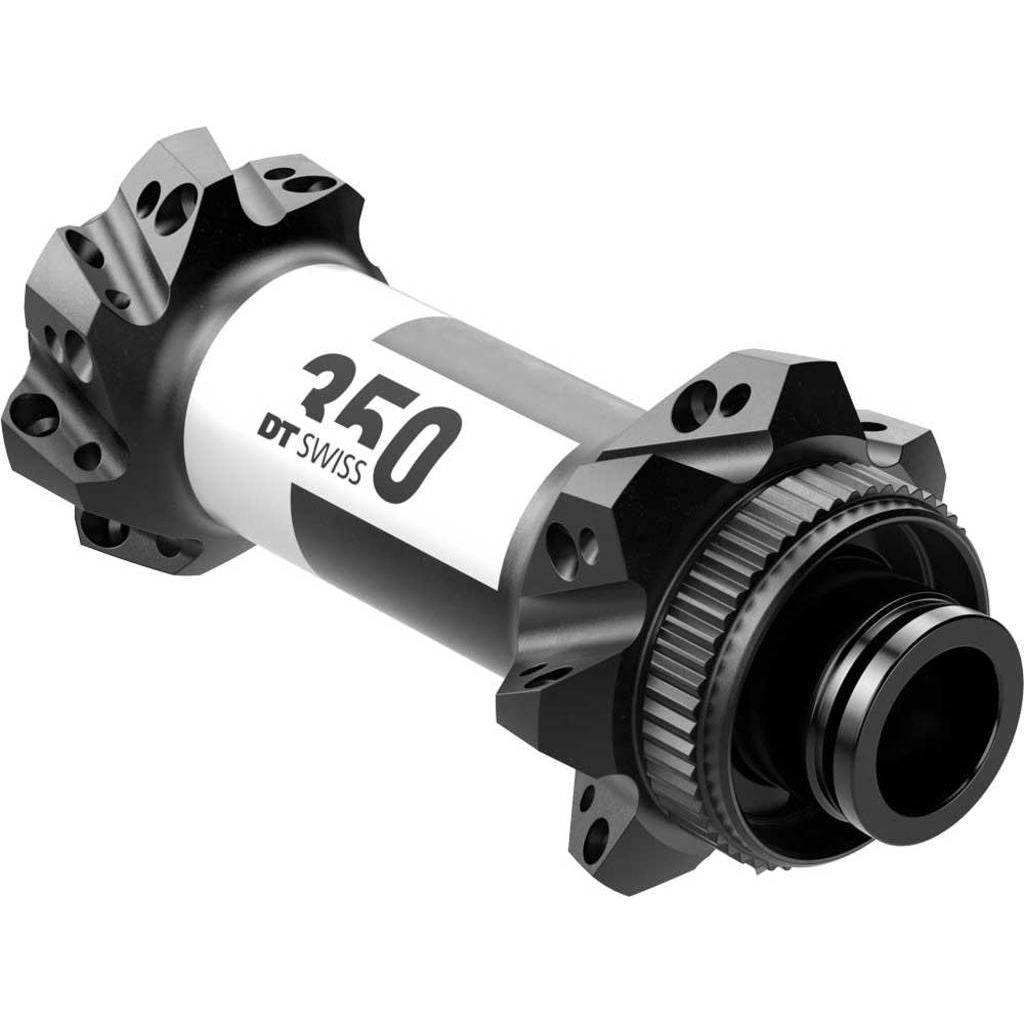 Zwarte DT Swiss 350 Straightpull ATB Boost voornaaf met aluminium behuizing, 28G, 110/15mm, geschikt voor disc remmen.