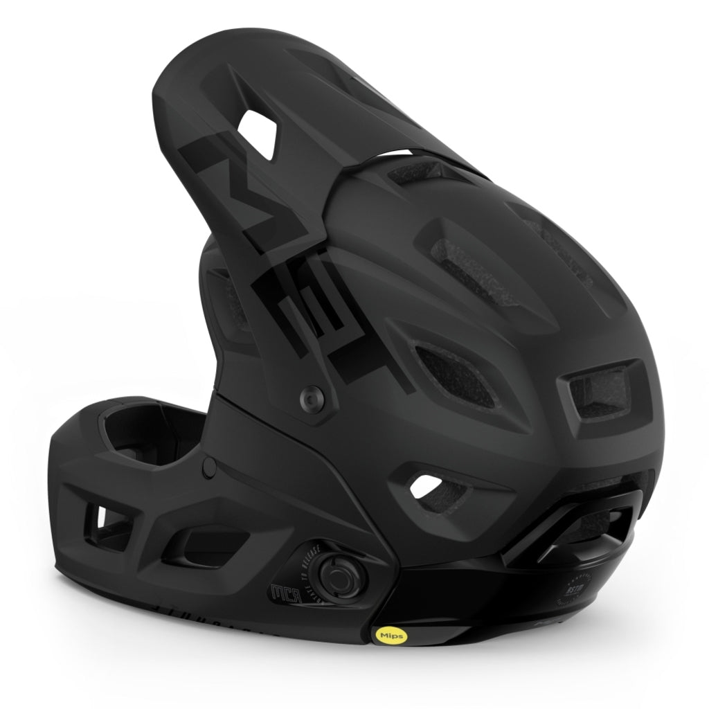 MET Parachute Mcr Mips volledig gezichtsfietshelm met ventilatieopeningen en verstelbare riem, ontworpen voor maximale bescherming.