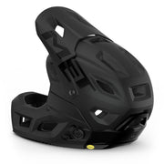 MET Parachute Mcr Mips volledig gezichtsfietshelm met ventilatieopeningen en verstelbare riem, ontworpen voor maximale bescherming.