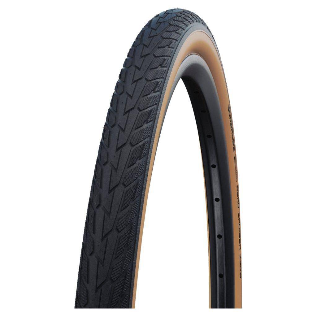 Schwalbe 27-inch Road Cruiser buitenband met groene K-Guard, zwart/bruin, zonder reflectie, geschikt voor stadsfietsen.