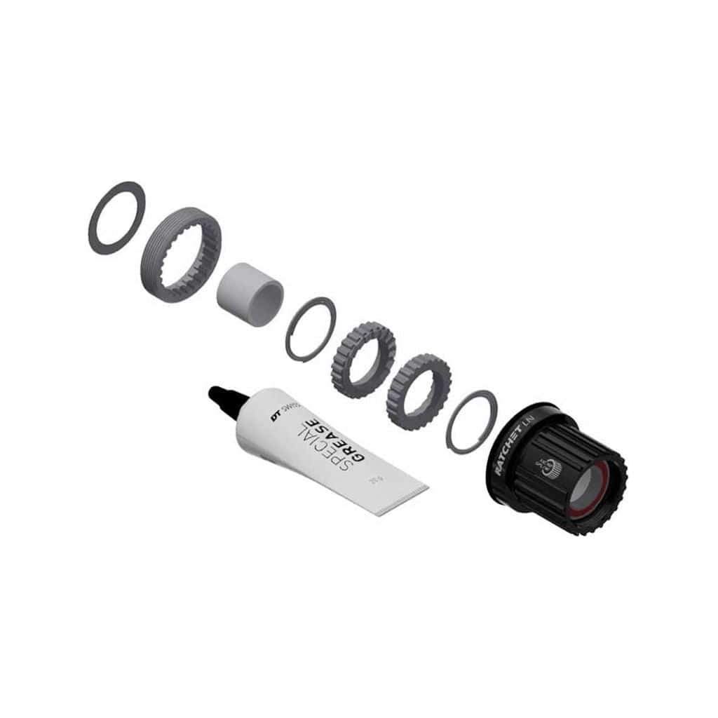 DT Swiss naafdop kit met ratchet en body voor ATB, aluminium SH12, zichtbaar in de afbeelding.