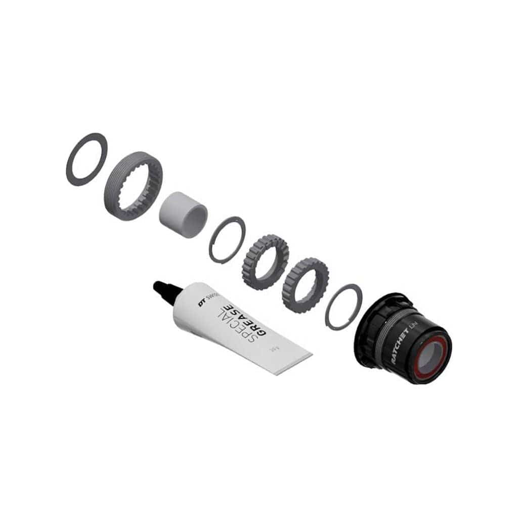 DT Swiss naafd Ratchet Ombouwkit ATB met body en Alm XD voor mountainbikes, inclusief ratchet en onderdelen.