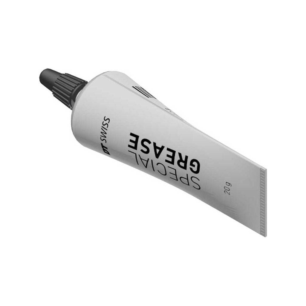 DT Swiss olie vet met Teflon, speciaal voor mountainbikes, in een rood 20-gram tube, zichtbaar in de afbeelding