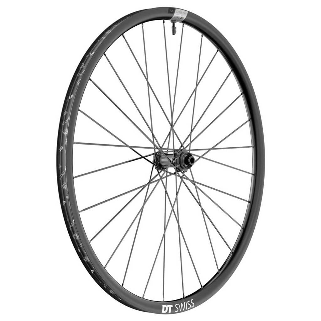 Zwart 28-inch DT Swiss HG1800 Spline 25 disc aluminium voorwiel voor gravel fietsen, met snelspanner en stevige constructie