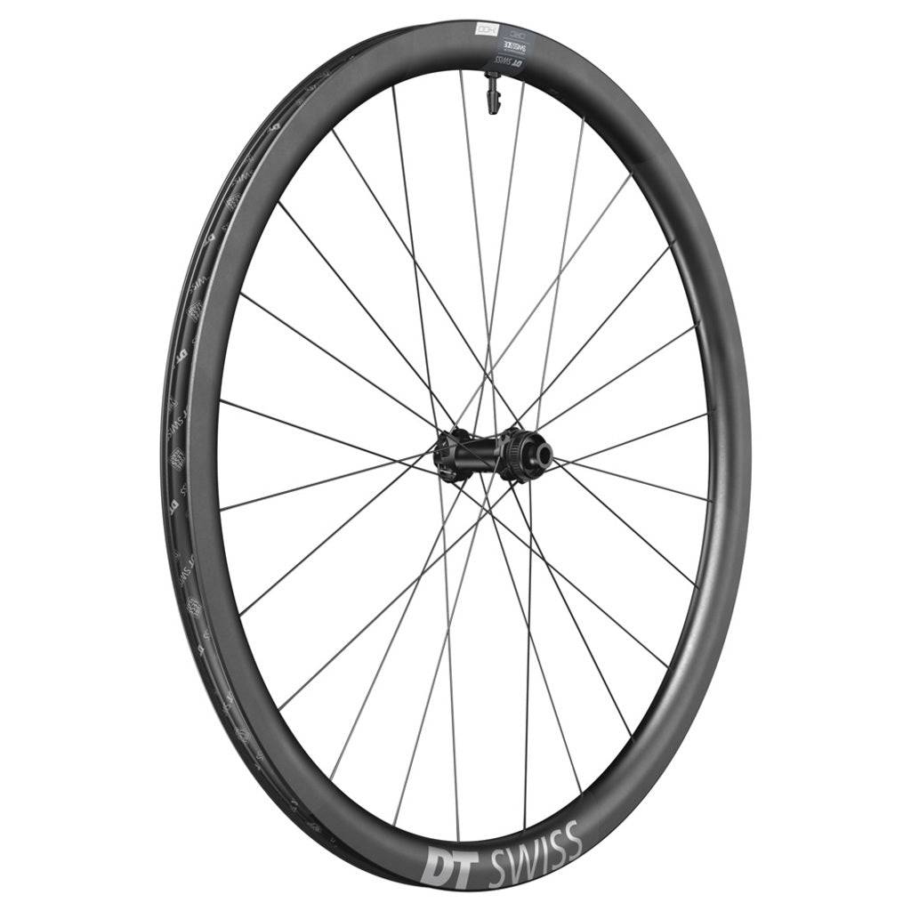 Voorwiel 28" DT Swiss CRC1400 Spline 35 DB Carbon zwart, racefiets wiel met discremmen en diepe velg.
