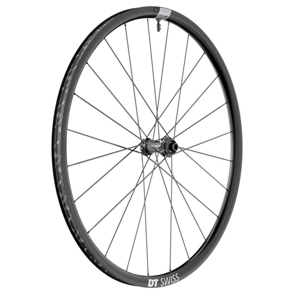Zwart DT Swiss 28" G1800 Spline 25 DB disc aluminium voorwiel, geschikt voor gravel fietsen, met remschijf en snelheden