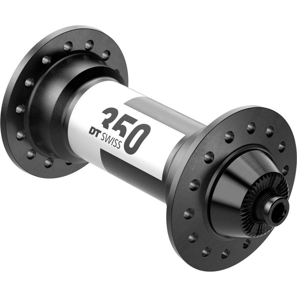 Zwarte DT Swiss 350 Race aluminium voornaaf met 24G en 100/5mm formaat, zichtbaar met montagegaten en metalen afwerking.