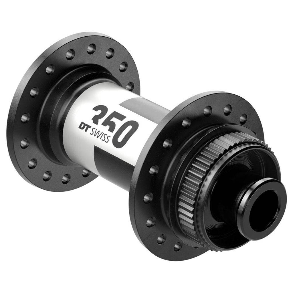 Zwarte DT Swiss 350 Race Disc CL voornaaf, aluminium, 24g, 100/12mm, geschikt voor racefietsen, zichtbaar in de afbeelding