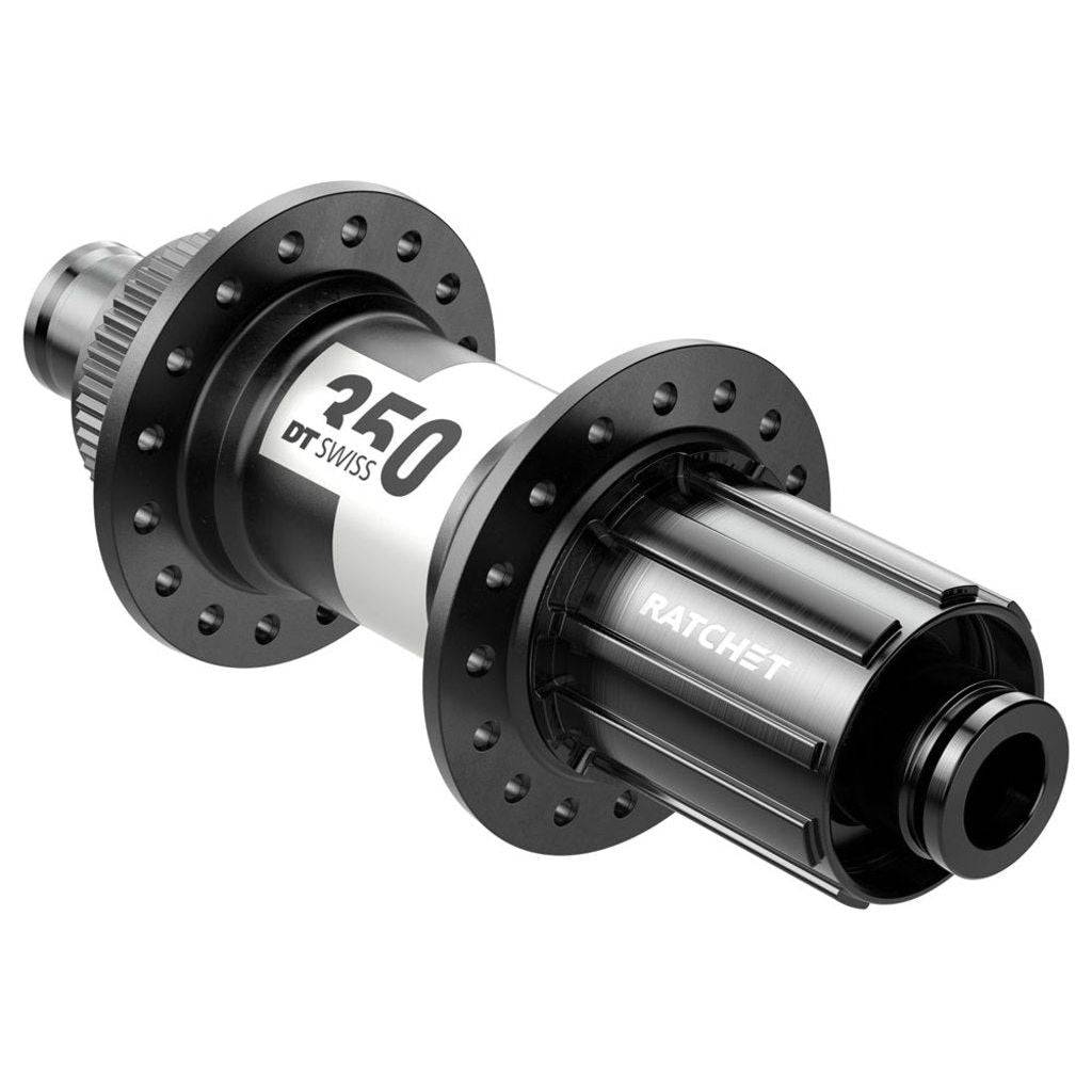 Zwarte DT Swiss 350 achternaaf voor race disc, aluminium, 28 gram, 142/12 mm, 10/11V compatibel, zichtbaar vanaf de zijkant