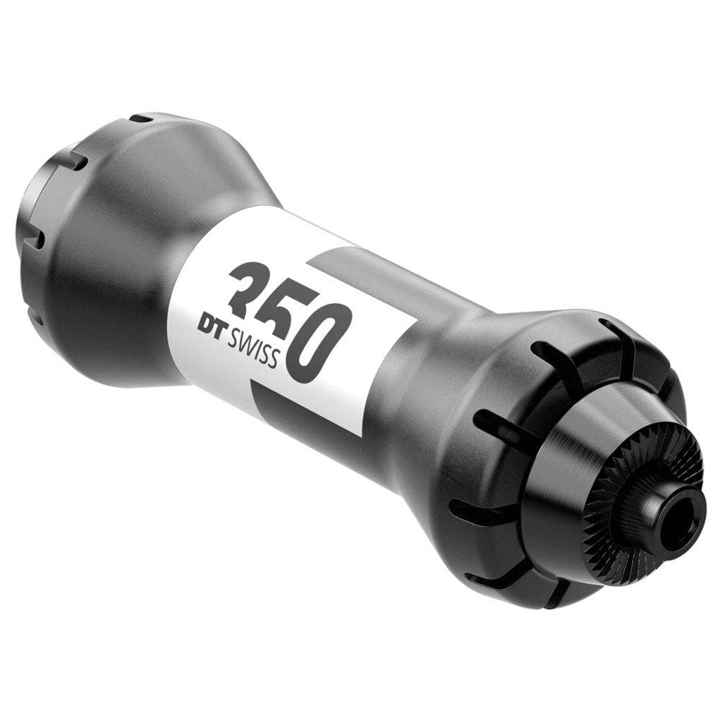 Zwarte DT Swiss 350 Straightpull Race aluminium voornaaf, 20 gram, 100/5 mm, zichtbaar met details en zwart metalen afwerking