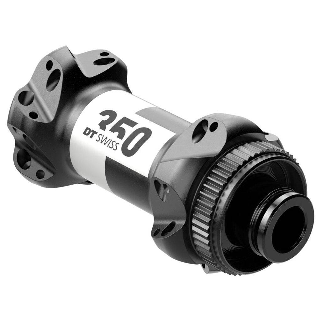 Voornaaf DT Swiss 350 Straightpull Race Disc CL aluminium zwart 24G 100/12mm, zicht op het zwarte voorwielnaafje