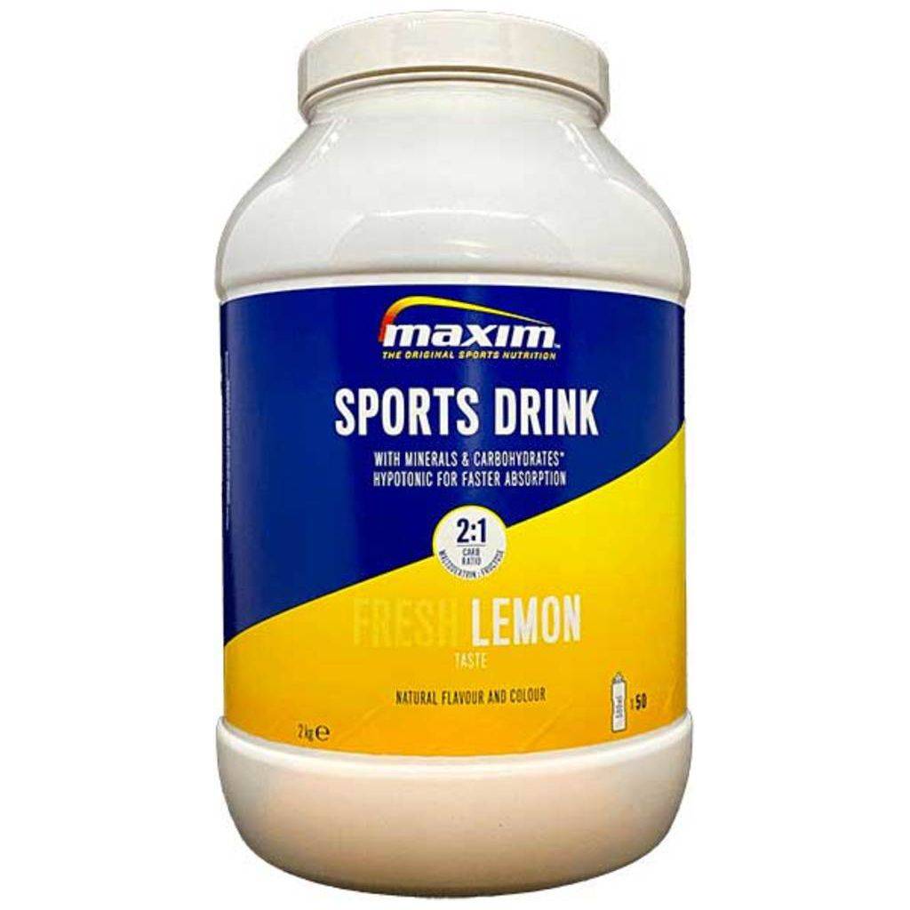 Maxim Sportdrank Fresh Lemon 2kg verpakking met sportdrankpoeder voor verfrissende sportdrank.