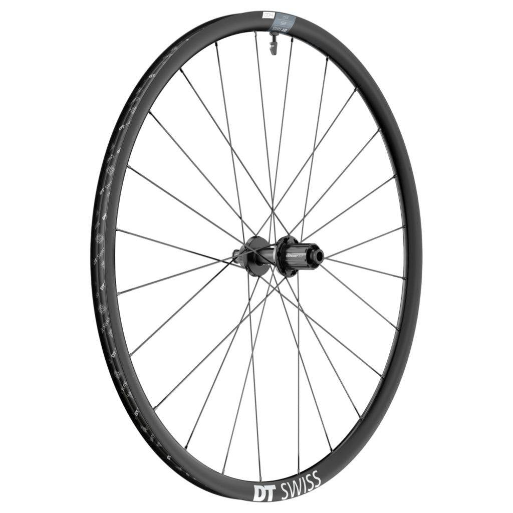 DT Swiss Racefiets wiel A 28 DT ER1400 Dicut 25 DB 142/12 Sh11, zwart met rode accenten, close-up van velg en spaken