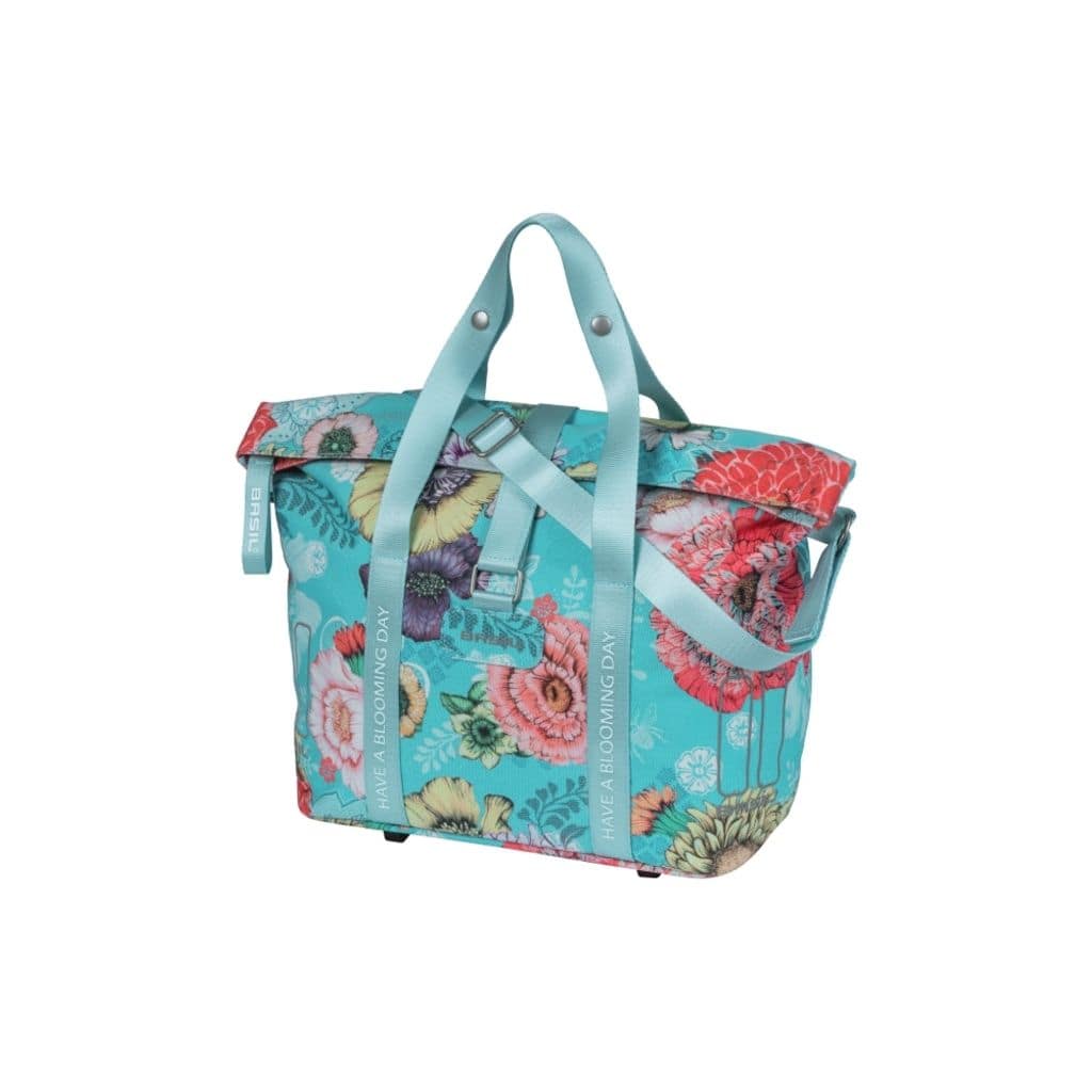 Basil Bloom Field waterdichte fietstas voor één fiets, 11 liter, zwart met blauwe bloemenprint, eenvoudig te bevestigen aan fiets.
