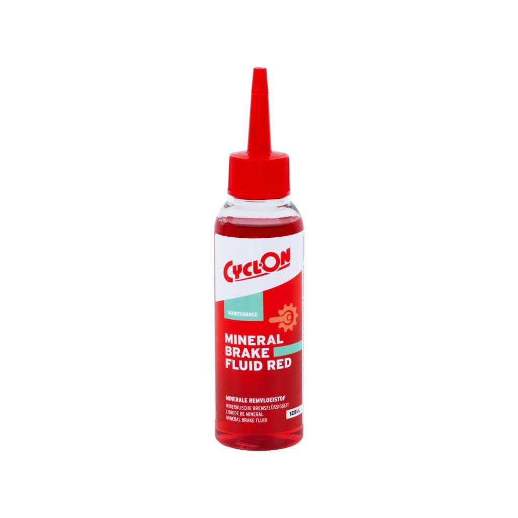 CyclOn mineral remvloeistof voor schijfremmen, 125 ml fles met remolie voor fietsremmen, geschikt voor veilige remwerking.