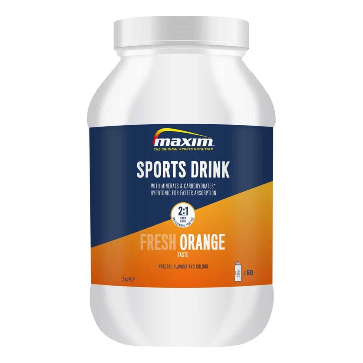 Maxim Sportdrank Fresh Orange 2kg met verse sinaasappelsmaak, ideale sportdrank voor hydratatie tijdens het sporten.