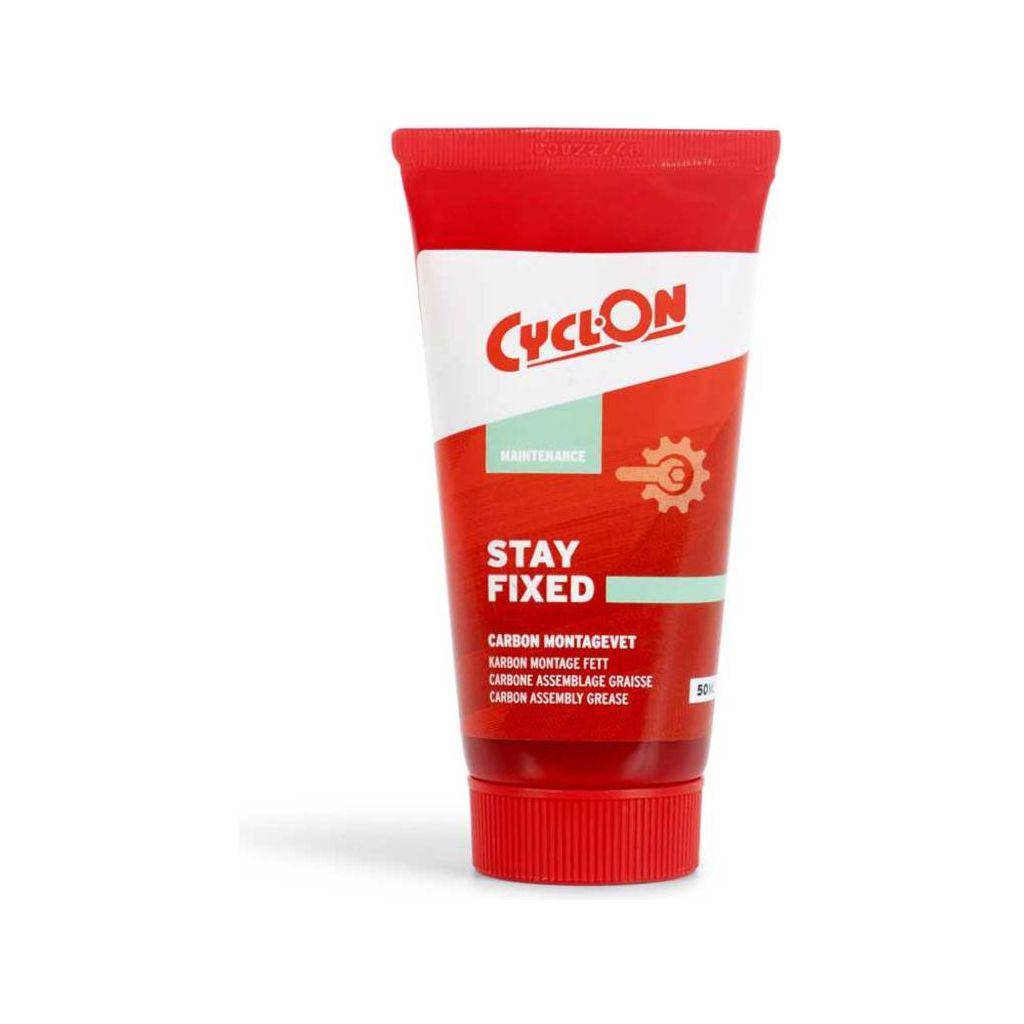CyclOn Stay Fixed montagepasta 50 ml in een open pot, geschikt voor fiets- of motormontages, met een heldere textuur.
