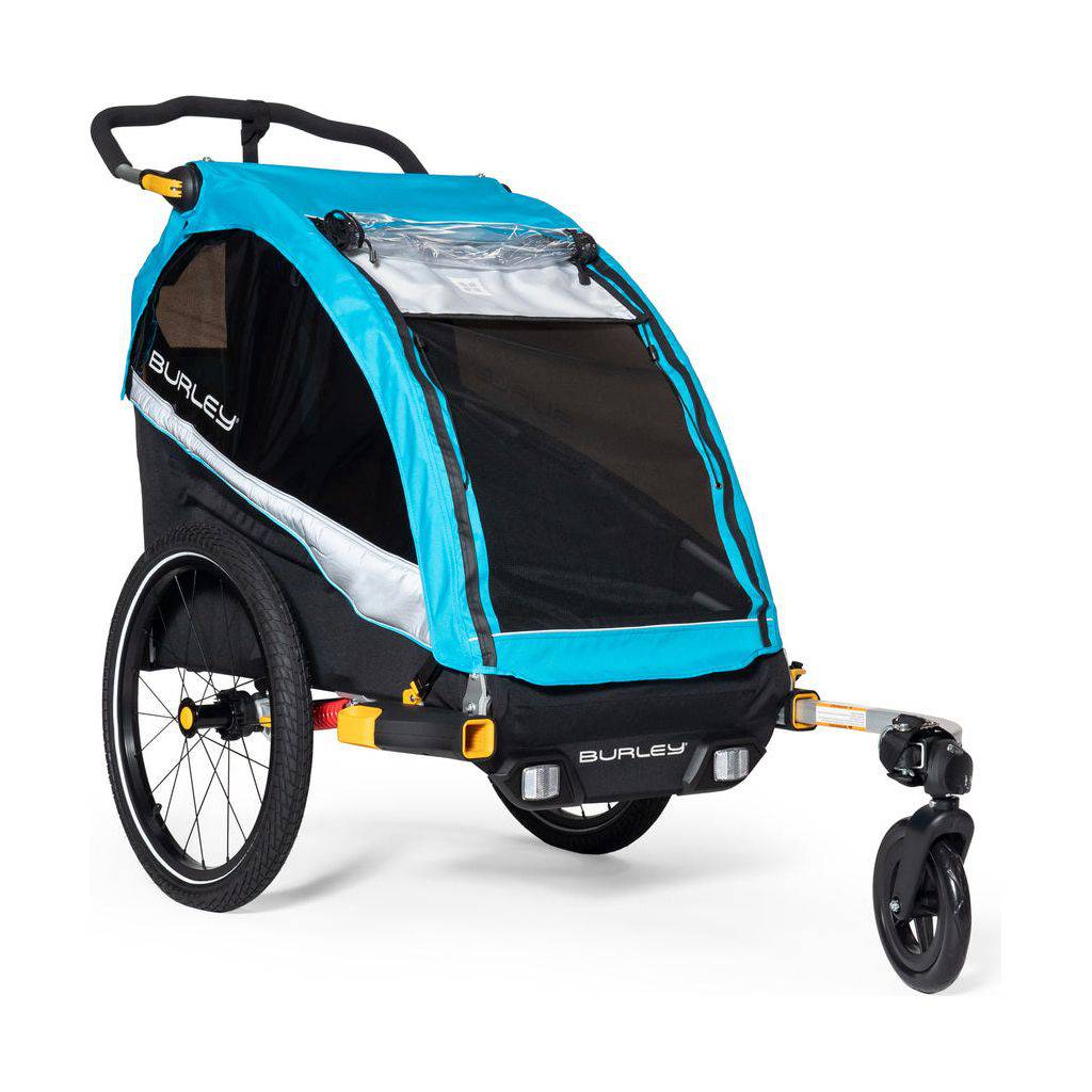 Burley D'lite X enkele fietskar voor kinderen in sage groen en grafietgrijs, met verstelbare beschermkap en stevige frame.