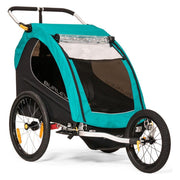 Burley Encore X kinderfietskar voor 2 kinderen met inklapbaar ontwerp en vering, geschikt voor comfortabel fietsen.