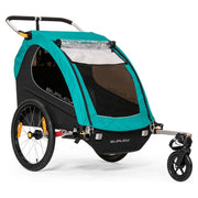 Burley Encore X kinderfietskar voor 2 kinderen met inklapbaar ontwerp en vering, geschikt voor comfortabel fietsen.
