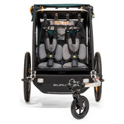 Burley Encore X kinderfietskar voor 2 kinderen met inklapbaar ontwerp en vering, geschikt voor comfortabel fietsen.