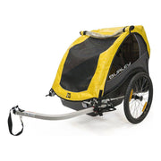 Burley Rental Cub kinderfietskar zwart en geel, inklapbaar, geschikt voor twee kinderen, met ruime zitplaatsen en veiligheidsgordels.