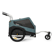Burley Bark Ranger hondenfietskar inklapbaar in zwart en blauw met ramen en comfortabele binnenruimte voor honden.