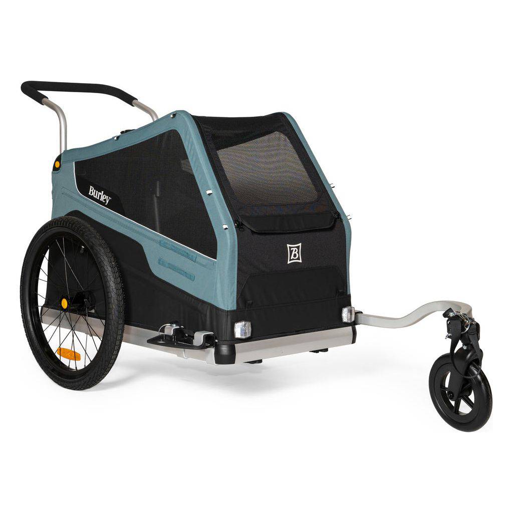 Burley Bark Ranger hondenfietskar in zwart en blauw, inklapbare hondenbuggy voor veilig vervoer van honden.