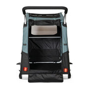 Zwarte en blauwe Burley Bark Ranger XL hondenfietskar met grote 20-inch wielen en ruimte voor honden, zichtbare in de afbeelding