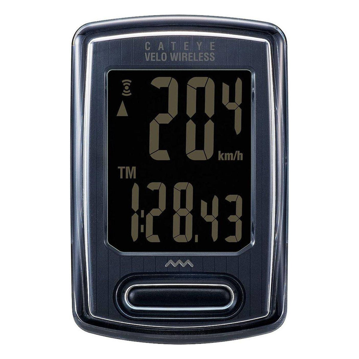 Draadloze Cateye Velo CC-VT230W fietscomputer met kilometerteller en Stealth ontwerp, zichtbaar op het scherm in de afbeelding