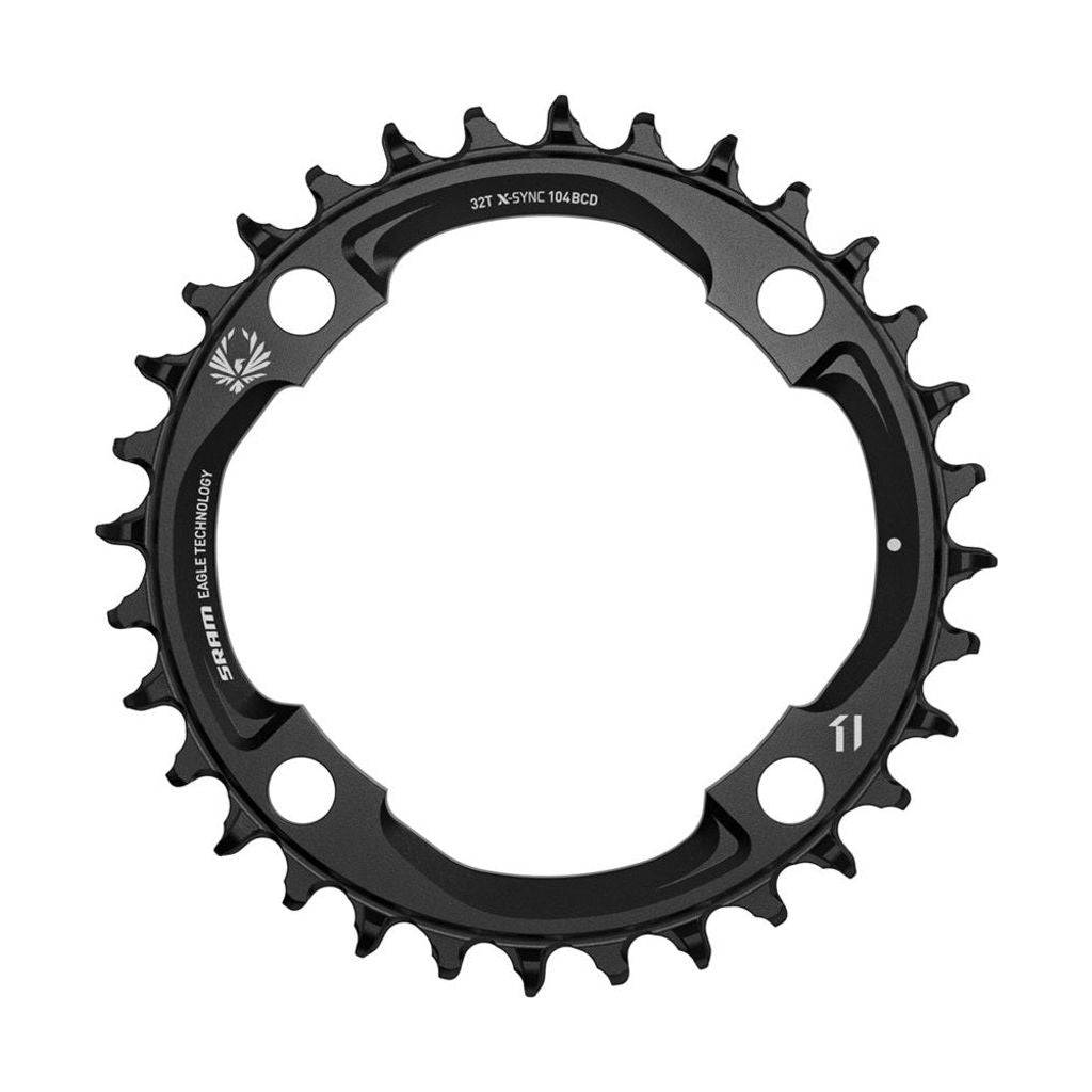 Zwart Sram kettingblad 32T XSync 12-speed aluminium, zichtbaar met tandprofiel voor racefietsen.